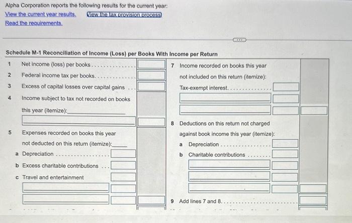 Year Results Requirements a. Prepare a reconcilation of Alpha's taxable income before