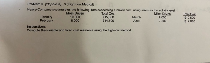 Problem 2 (10 points) 3 (High Low Method) Nease Company accumulates