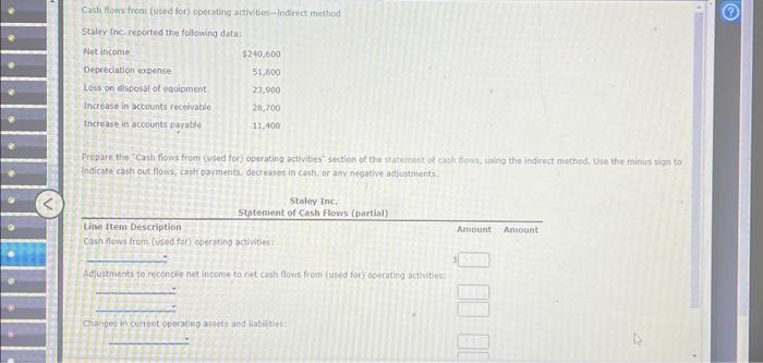  Cash flons from (used for) oporating activities-indrect method stale, Inc, reported