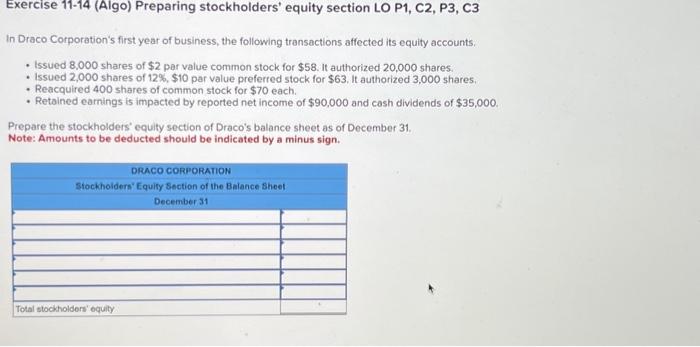  Exercise 11-14 (Algo) Preparing stockholders' equity section LO P1, C2, P3,