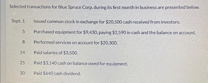  Selected transactions for Blue Spruce Corp. during its first month in