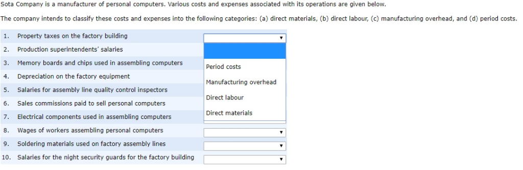 Advertising costs Glue and nails used in production Depreciation on factory equipment