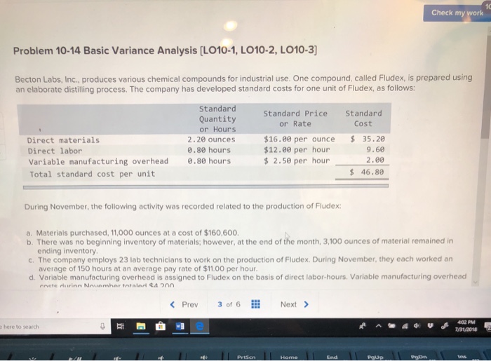  10 Check my work Problem 10-14 Basic Variance Analysis [LO10-1, LO10-2,