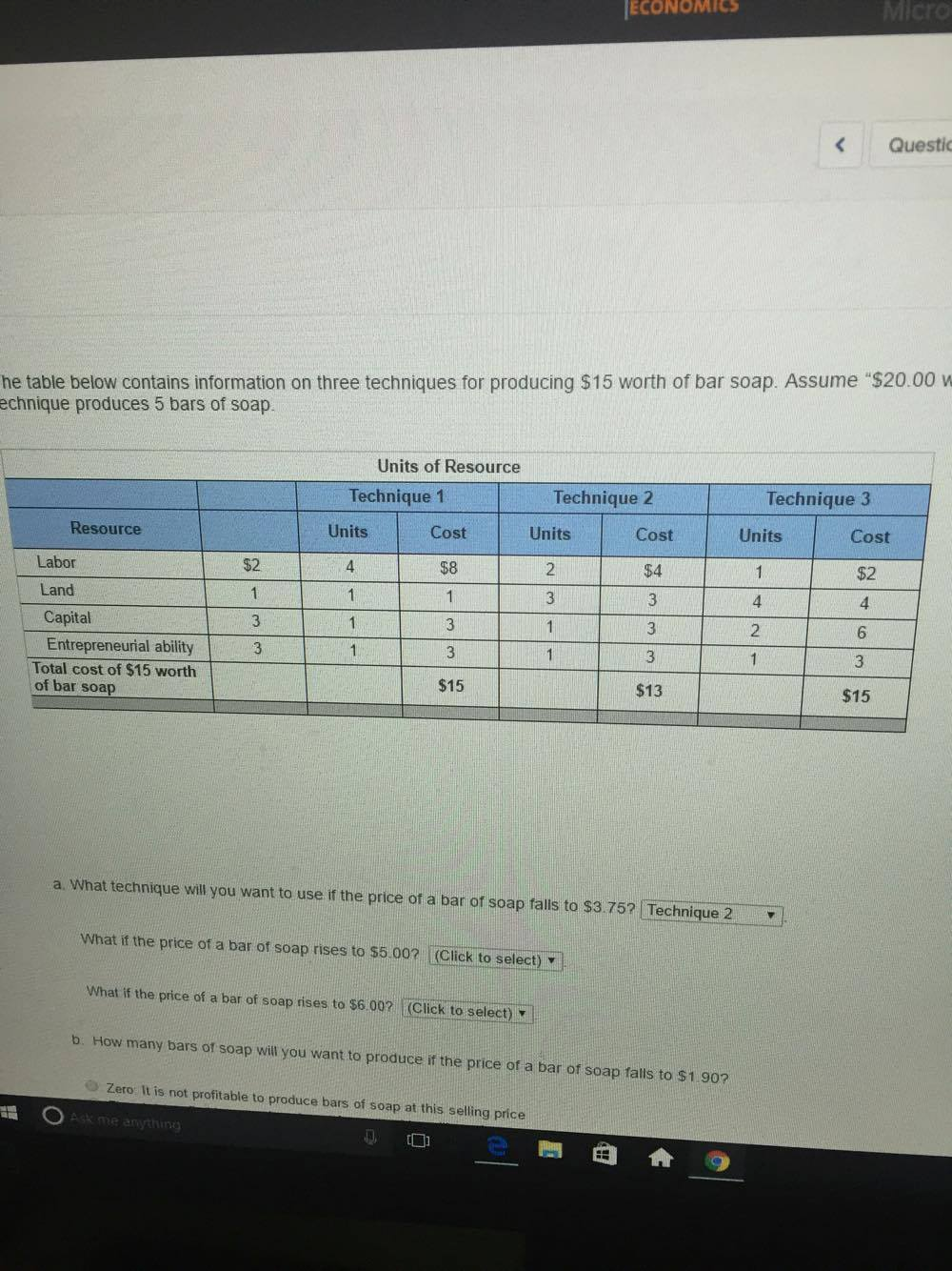 The table below contains information on three techniques for producing $15 worth