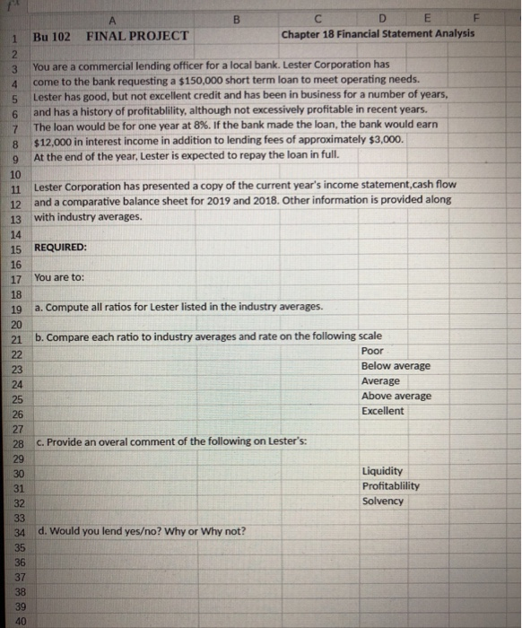 B FINAL PROJECT E F Chapter 18 Financial Statement Analysis Bu