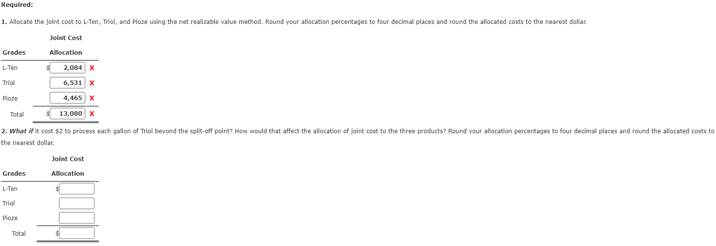 Costs Using the Net Realizable Value Method A company manufactures three products,