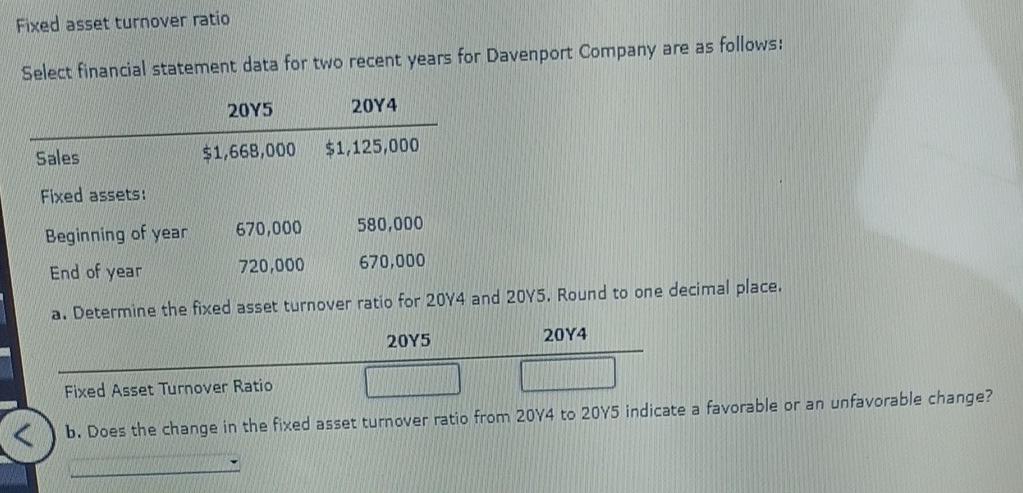 Fixed asset turnover ratio Select financial statement data for two recent