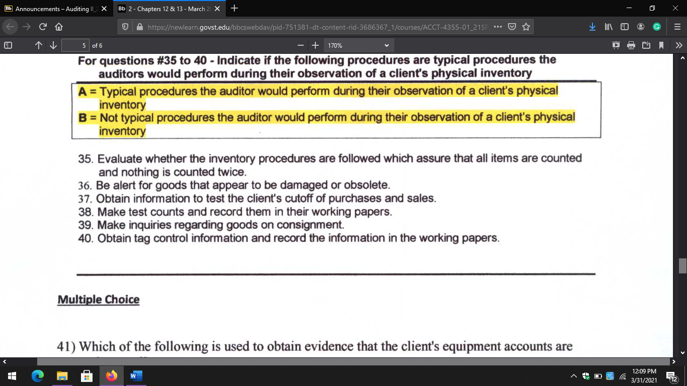 Bb Announcements - Auditing II_2 X Bb 2 - Chapters 12