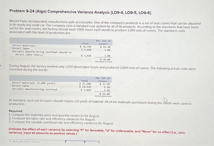  Problem 9-24 (Algo) Comprehensive Variance Analysis [LO9-4, LO9-5, LO9-6] Marvel Parts,