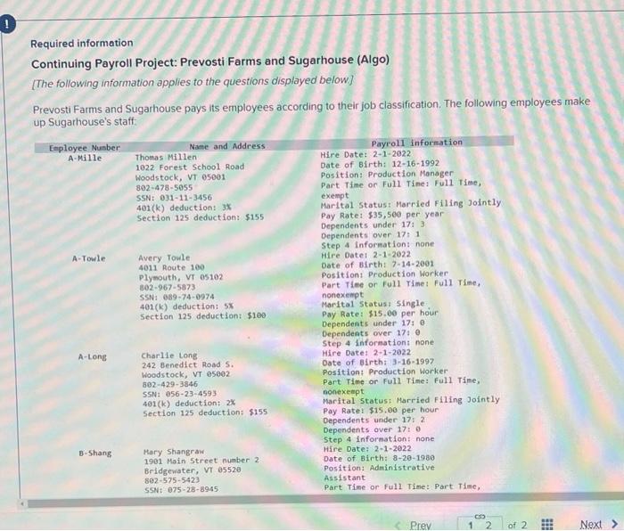 please help Required information Continuing Payroll Project: Prevosti Farms and Sugarhouse (Algo)