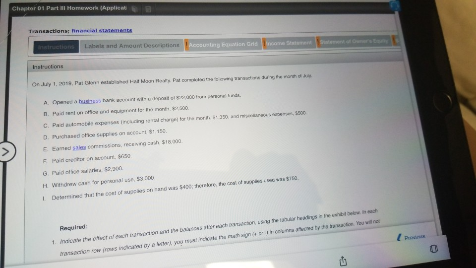  Chapter 01 Part III Homework (Applicati Transactions; financial statements Statement of