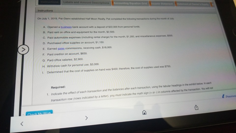 Instructions a Labels and Amount Descriptions Income Statement Accounting Equation Grid Instructions