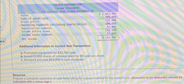 the questions displayed below) Golden Corporation's current year income statement, comparative balance