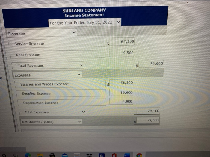 a-c These financial statement items are for Sunland Company at year-end, July