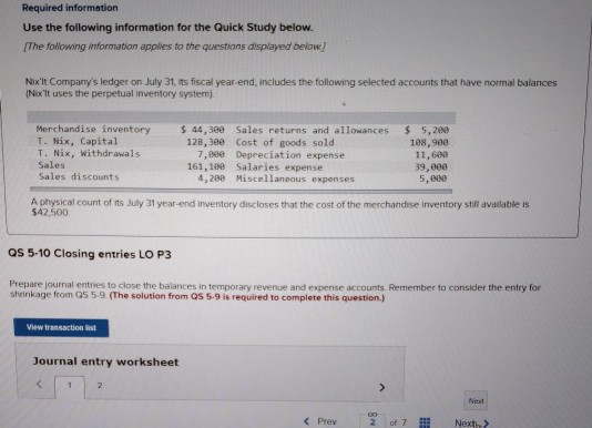  Required information Use the following information for the Quick Study below.