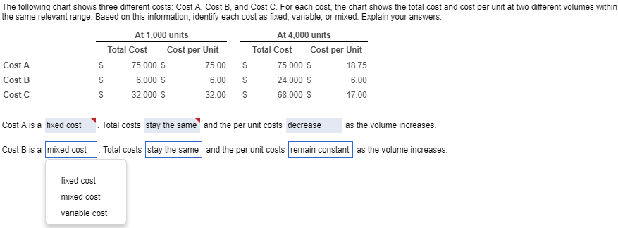 Please solve for Cost B and Cost C all the way across!