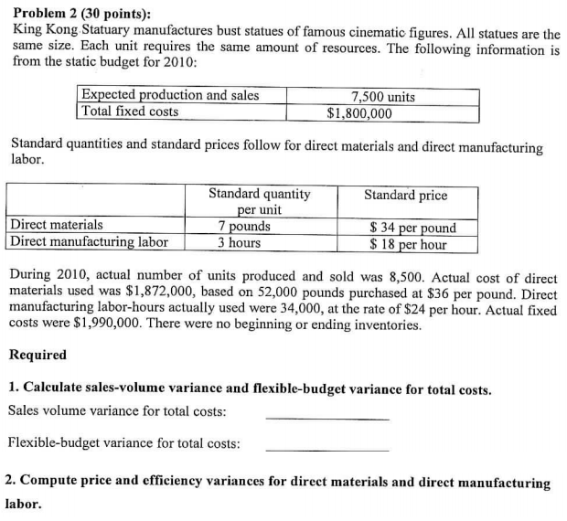 Problem 2 (30 points): King Kong Statuary manufactures bust statues of