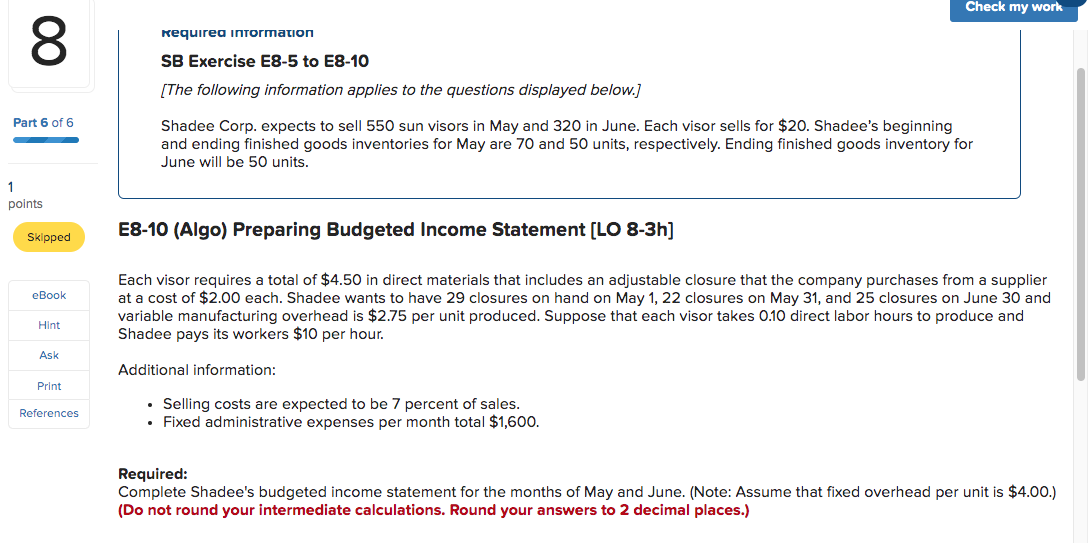 Check my work 00 Requirea information SB Exercise E8-5 to E8-10