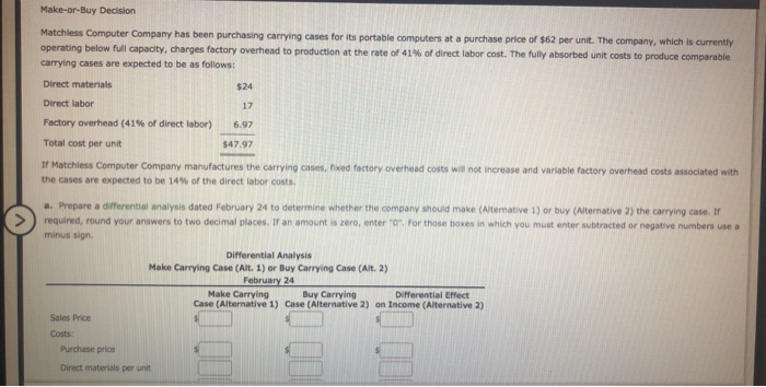  please help Make-or-Buy Decision Matchless Computer Company has been purchasing carrying