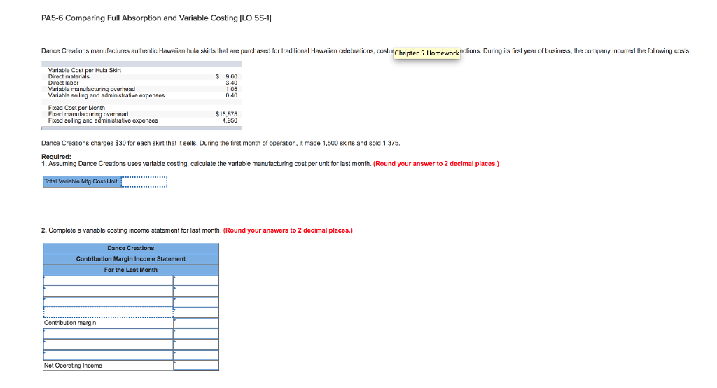 PA5-6 Comparing Full Absorption and Variable Costing [LO 5S-1 Dance Creations