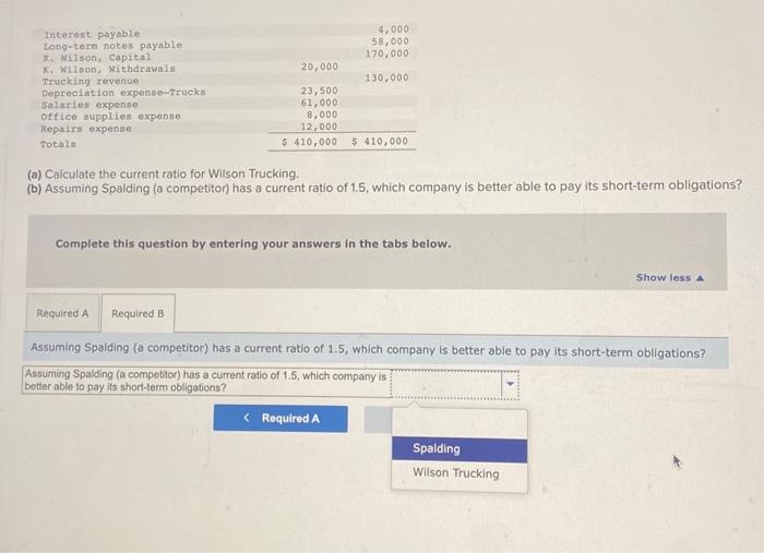 the current ratio for Wilson Trucking. (a) Calculate the current ratio for