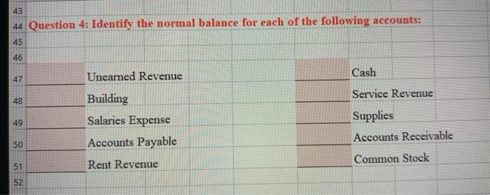  43 44 Question 4: Identify the normal balance for each of
