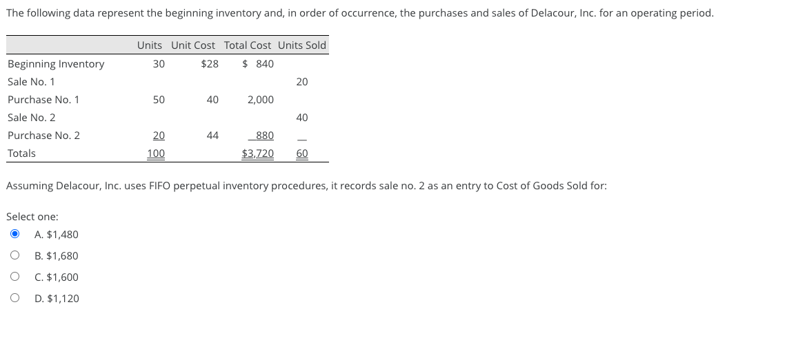  The following data represent the beginning inventory and, in order of