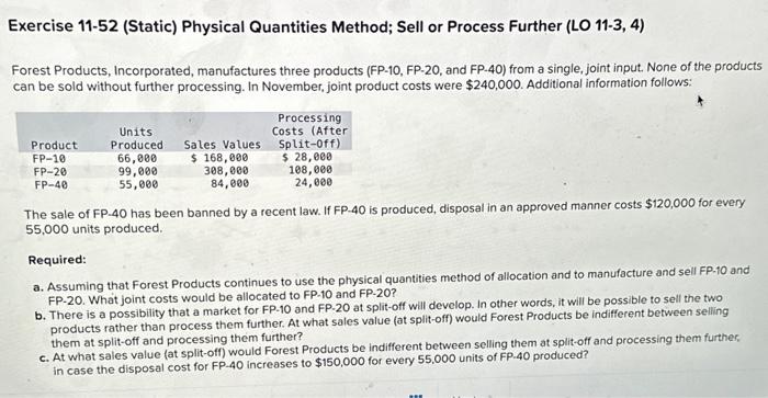11-3, 4) Forest Products, Incorporated, manufactures three products (FP-10, FP-20, and FP-40)