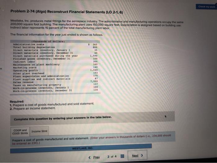 345 two 2 Problem 2-74 (Algo) Reconstruct Financial Statements (LO 2-1, 6)