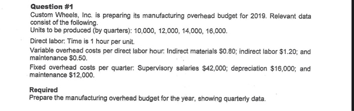  Question #1 Custom Wheels, Inc. is preparing its manufacturing overhead budget