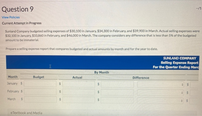  --/1 Question 9 View Policies Current Attempt in Progress Sunland Company