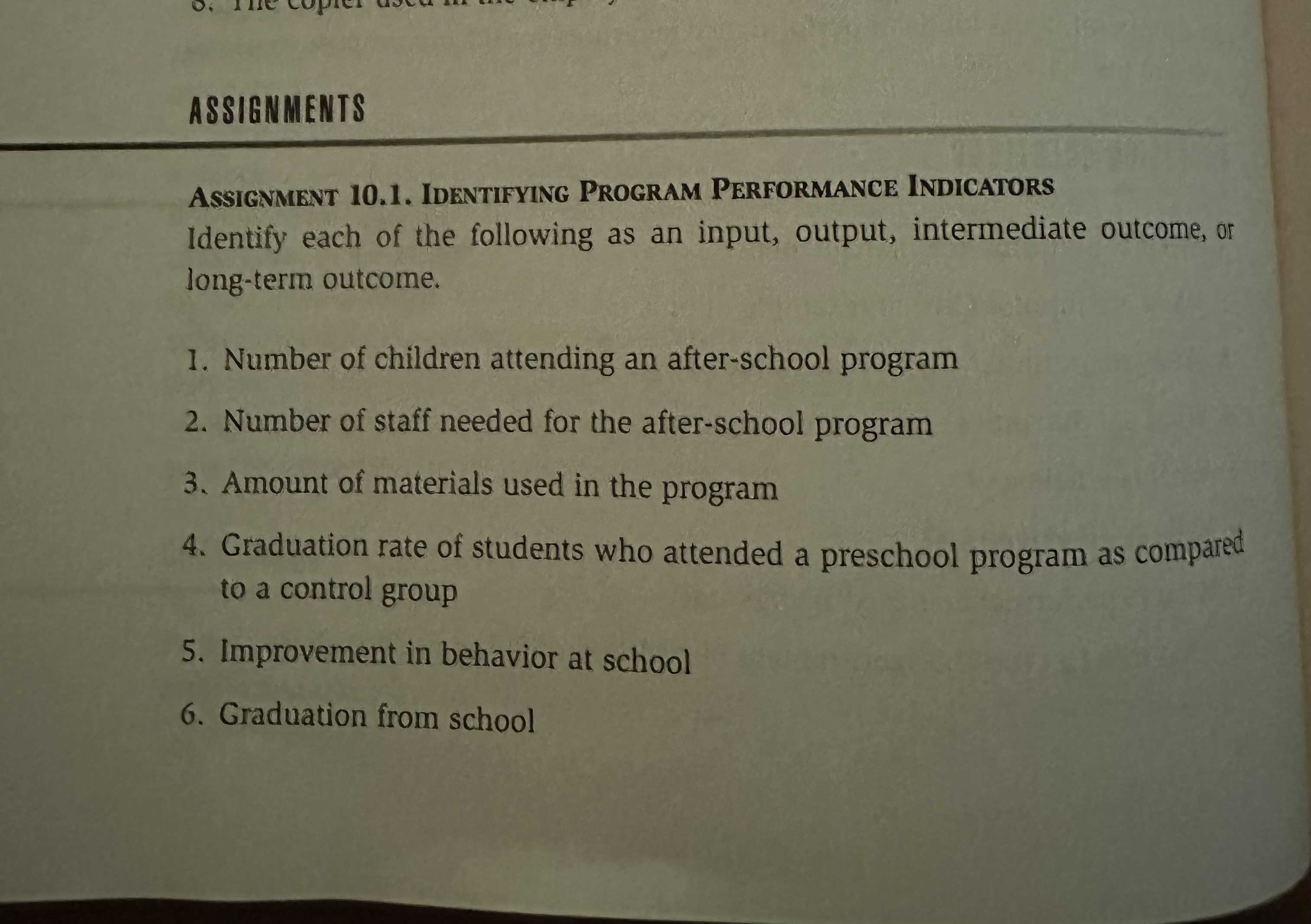  Assignment 10.1. Identifying Program Performance Indicators Identify each of the following