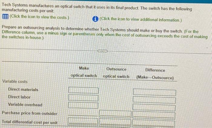 Tech Systems manufactures an optical switch that it uses in its final