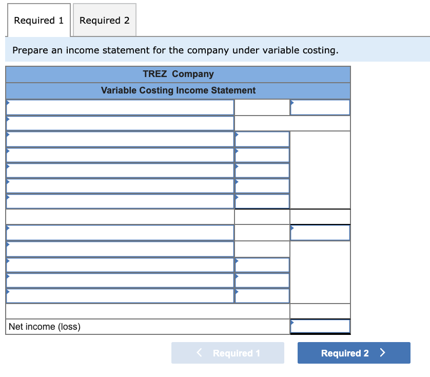 absorption costing income LO P2, P3 1.48 points Trez Company began operations