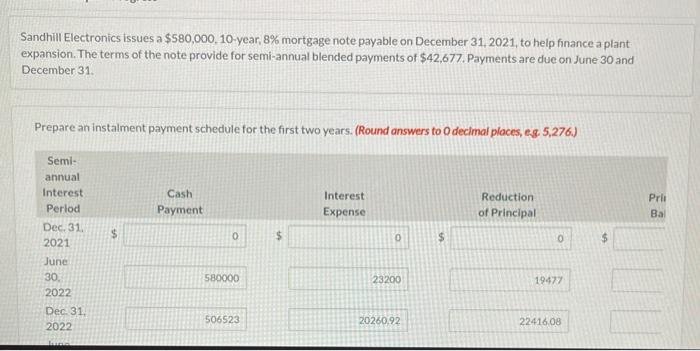  Sandhill Electronics Issues a $580,000, 10-year, 8% mortgage note payable on