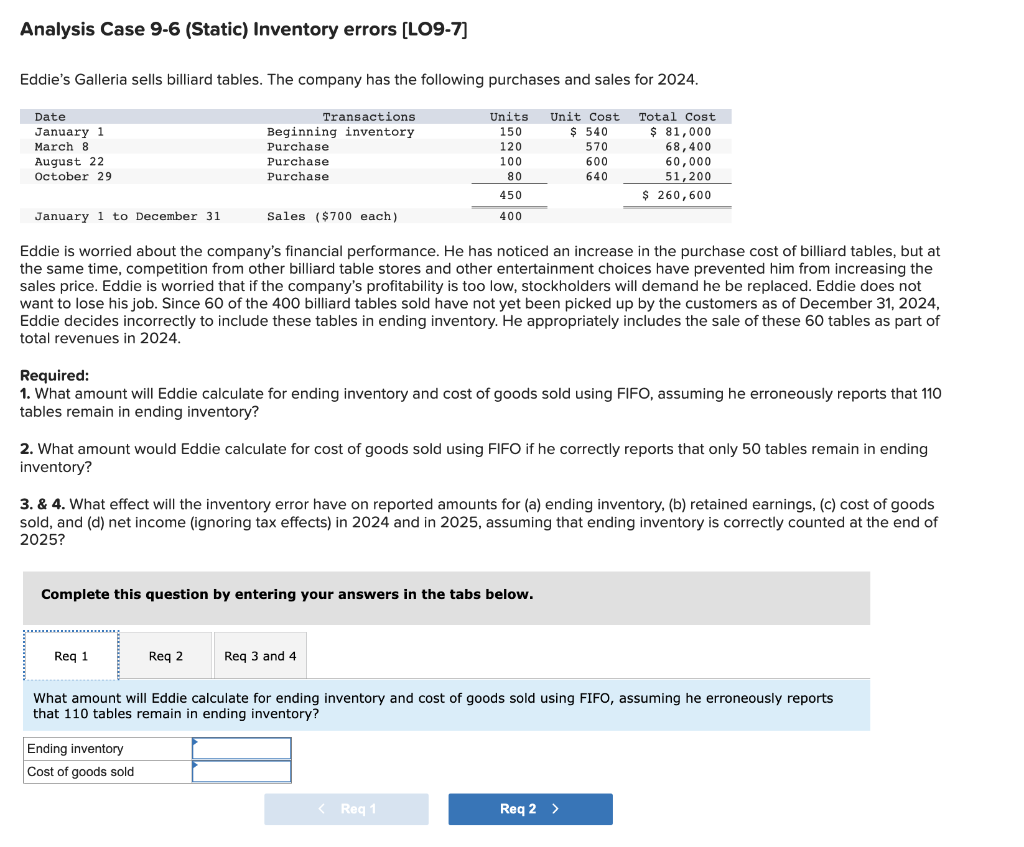  Analysis Case 9-6 (Static) Inventory errors [LO9-7] Eddie's Galleria sells billiard
