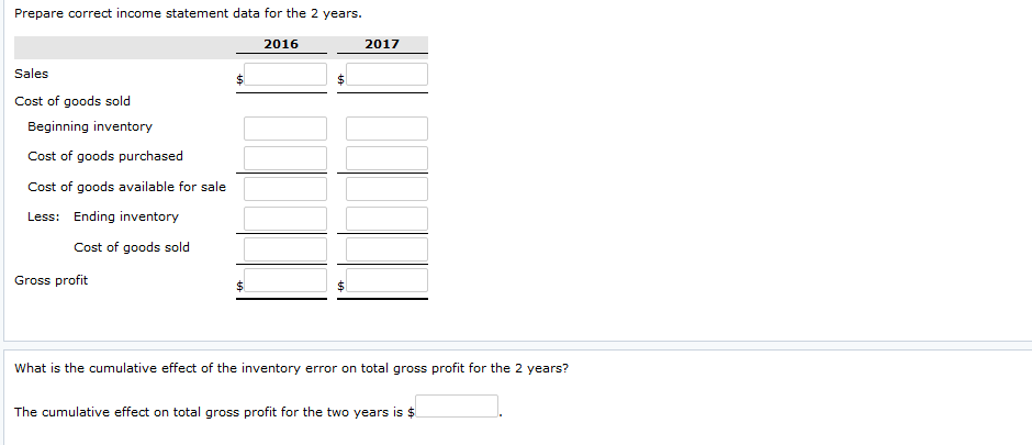 2-year period 2017 2016 Sales revenue Beginning inventory Cost of goods purchased