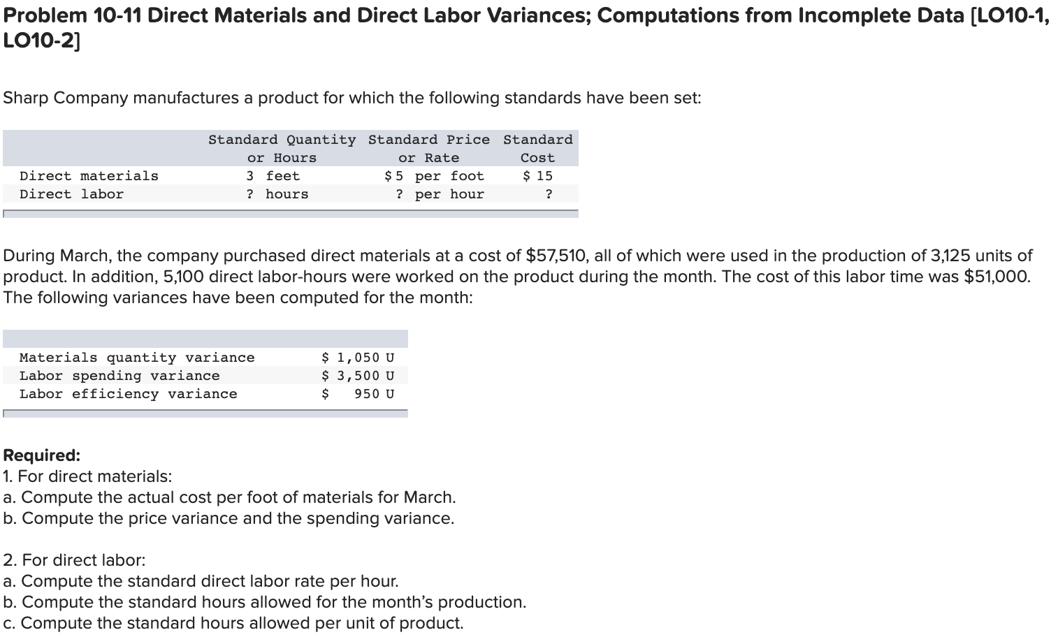  Problem 10-11 Direct Materials and Direct Labor Variances; Computations from Incomplete