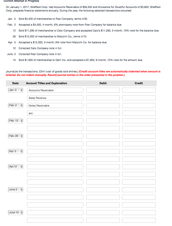  Current Attempt in Progress On January 1, 2017, Sheffield Corp. had