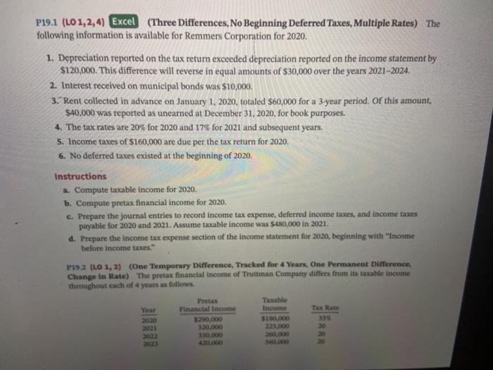  19.1 and 19.2 please P19.1 (LO 1,2,4) Excel (Three Differences, No