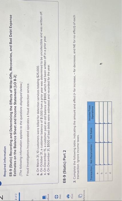  Required information E8-9 (Static) Recording and Determining the Effects of Write-Offs,