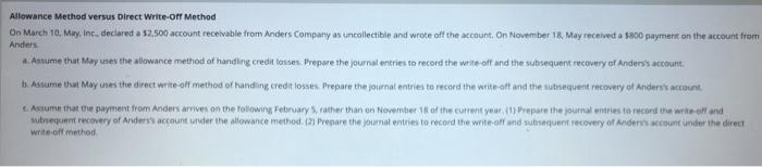  Allowance Method versus Direct Write-off Method On March 10, May, Inc