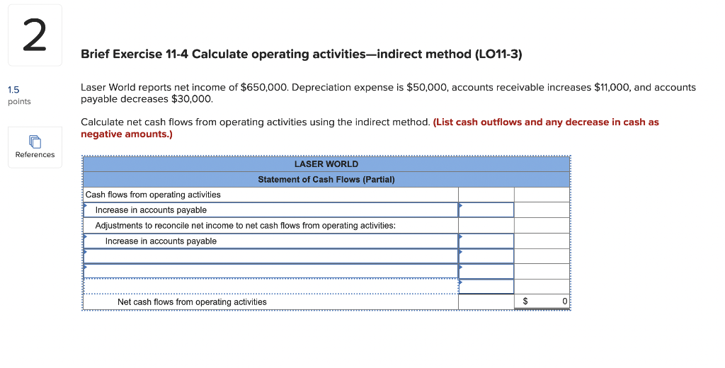  Brief Exercise 11-4 Calculate operating activities-indirect method (LO11-3) Laser World reports