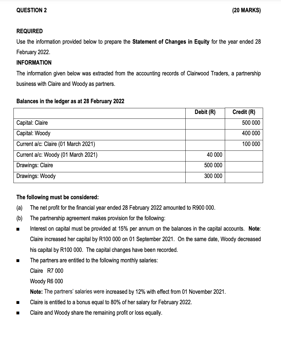 REQUIRED Use the information provided below to prepare the Statement of