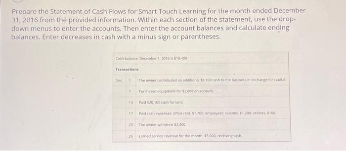  Prepare the Statement of Cash Flows for Smart Touch Learning for