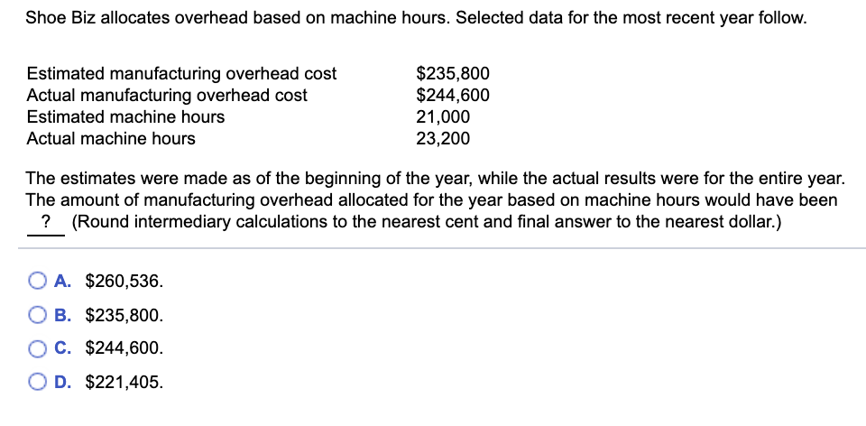 Shoe Biz allocates overhead based on machine hours. Selected data for