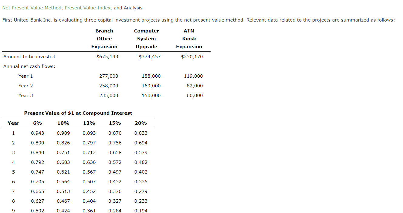  Net Present Value Method, Present Value Index, and Analysis First United