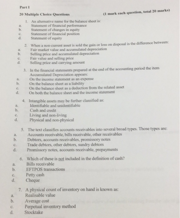  Part I 20 Multiple Choice Questions (I mark each question, total