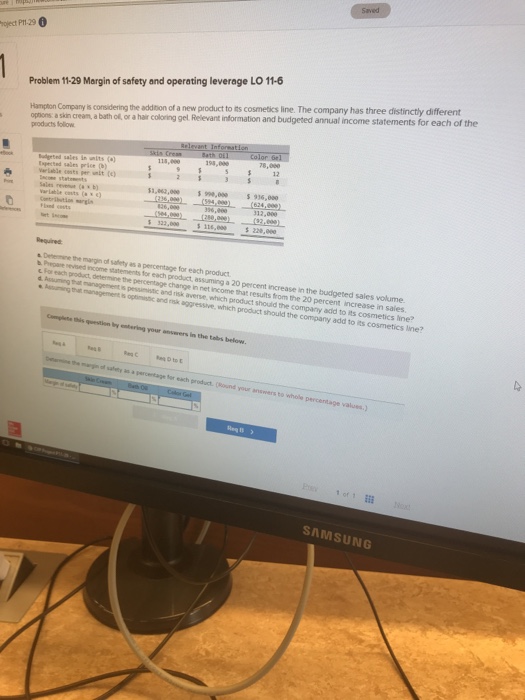  roject P11-29 Problem 11-29 Margin of safety and operating leverage LO