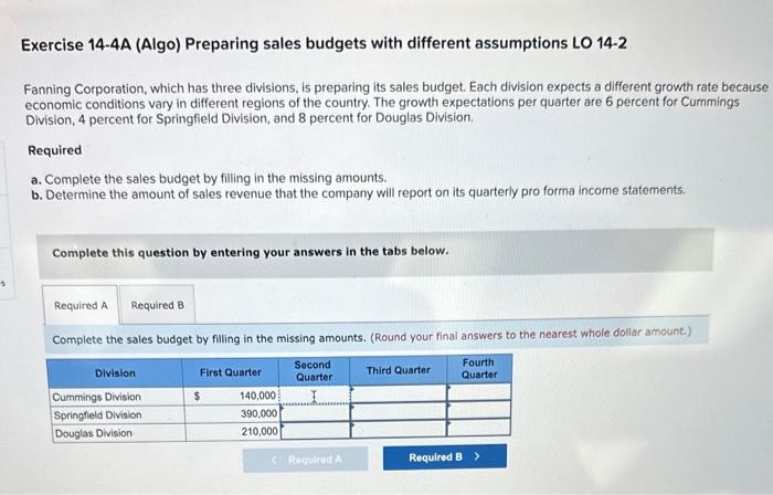  Exercise 14-4A (Algo) Preparing sales budgets with different assumptions LO 142
